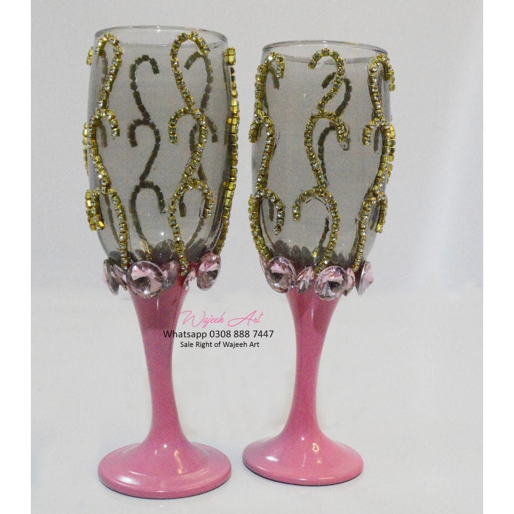 Handmade Classic Doodh Pilai Glass Decorated With Pink Stones
