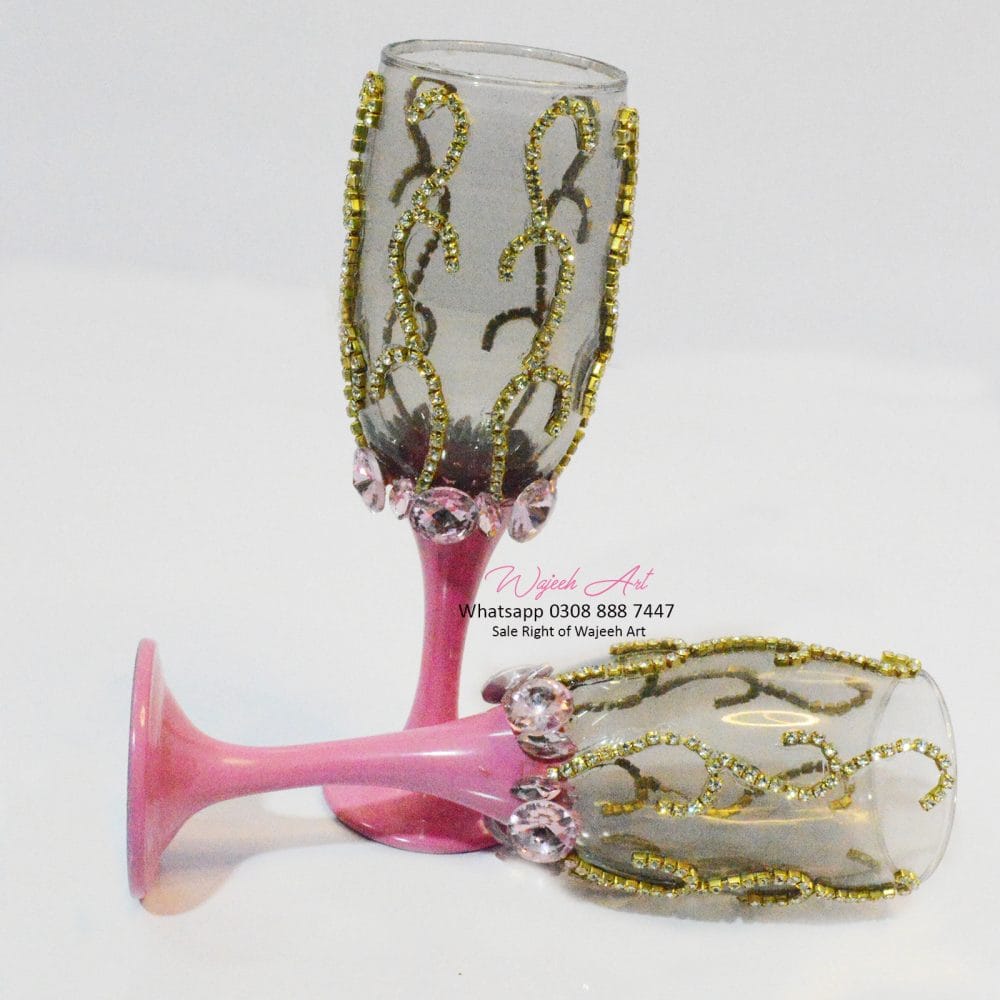 Handmade Classic Doodh Pilai Glass Decorated With Pink Stones - Image 2