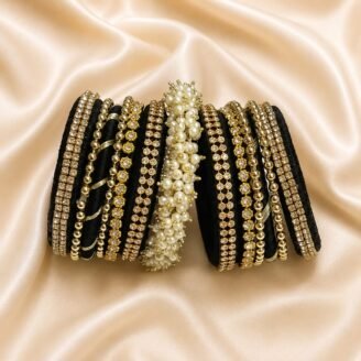 KBangle306 Black & Gold Kundan Bangle Set With White Pearl Kara
