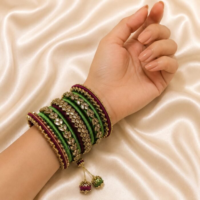 KBangle312 Green & Maroon Kundan Bangle And Kara Set