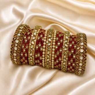 KBangle342 Gold & Red Kundan Bangle Set For Weddings