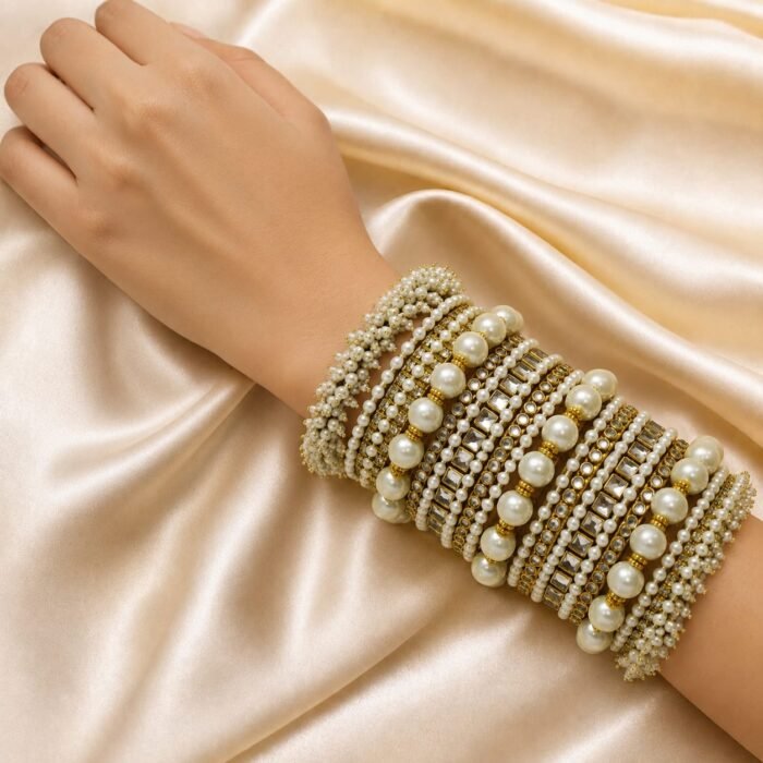 KBangle361 Elegant White Pearl Kundan Bangle Set KBangle361 Elegant White Pearl Kundan Bangle Set