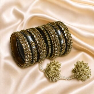 KBangle369a All Silver Kundan Bangle Set With Tassles