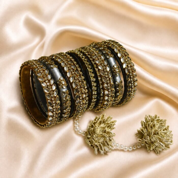 KBangle369a All Silver Kundan Bangle Set With Tassles KBangle369a All Silver Kundan Bangle Set With Tassles