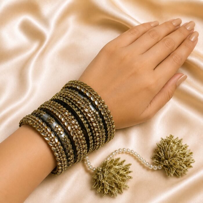 KBangle369a All Silver Kundan Bangle Set With Tassles KBangle369a All Silver Kundan Bangle Set With Tassles