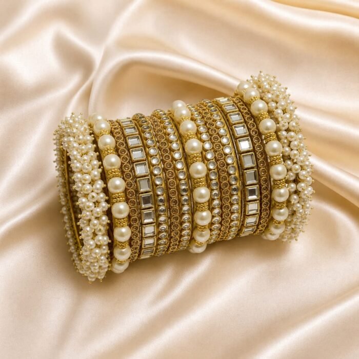 KBangle340a White & Gold Kundan Bangle Set With Pearls KBangle340a White & Gold Kundan Bangle Set With Pearls