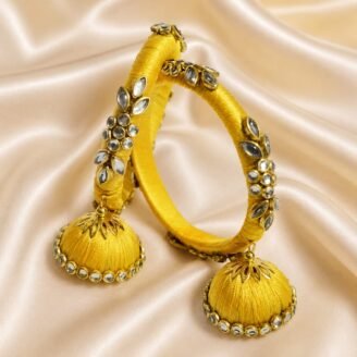 KBangle350 Pair of Yellow Kundan Bangles With Tassels For Wedding & Eid