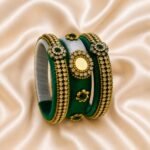 KBangle332 3 pcs Special Green & White Bangle Set With Embellishment