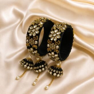 KBangle351 Lavish Black Pair of Kundan Kara With Tassels