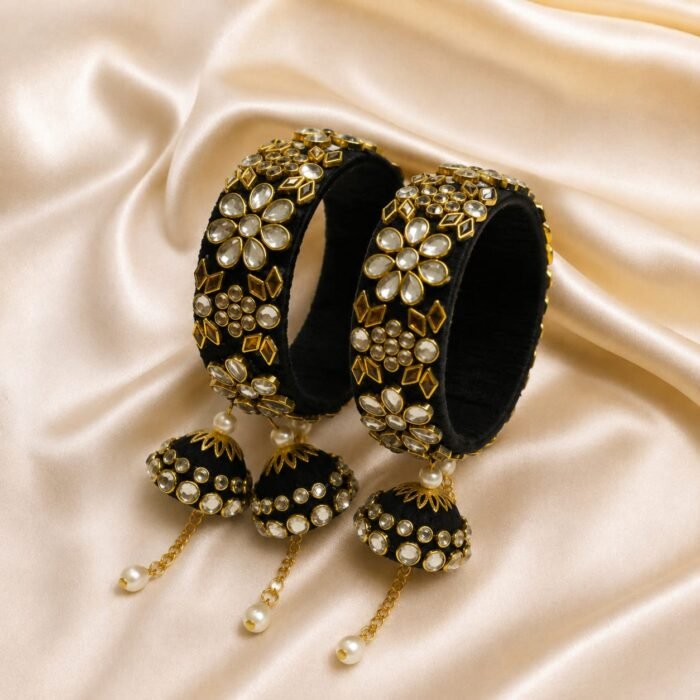 KBangle351 Lavish Black Pair of Kundan Kara With Tassels