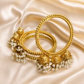 KBangle354 Pair of Gold Kundan Bangles With Tassles