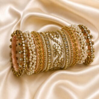 KBangle409 White and Peach Kundan Bangles
