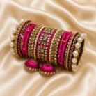 KBangle414 Pink Kundan Bangle Set With Pearls