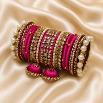 KBangle414 Pink Kundan Bangle Set With Pearls