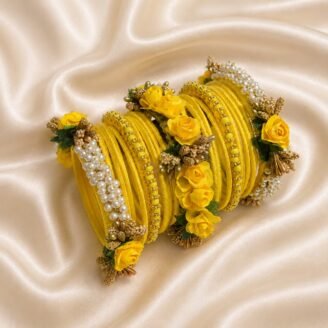KBangle403 All Yellow Bangle Set With Flower Embellishment