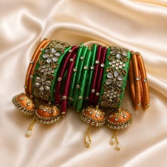 KBangle417 Three Color Kundan Bangle Set With Tassel & Gold Embellisment