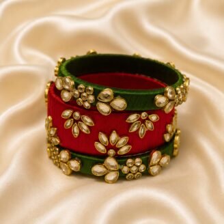 KBangle171 3pcs Green & Red Kundan Bangle Set