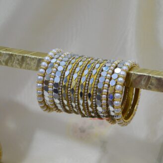 KBangle220 White & Gold Kundan Bangles With Mirror Work