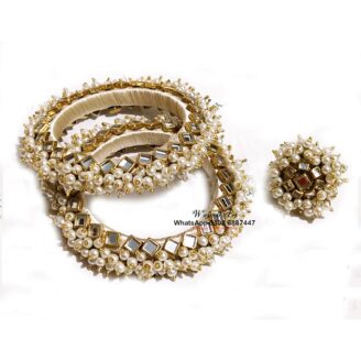 KBangle293a Beige Color Kundan Bangle Set With Ring