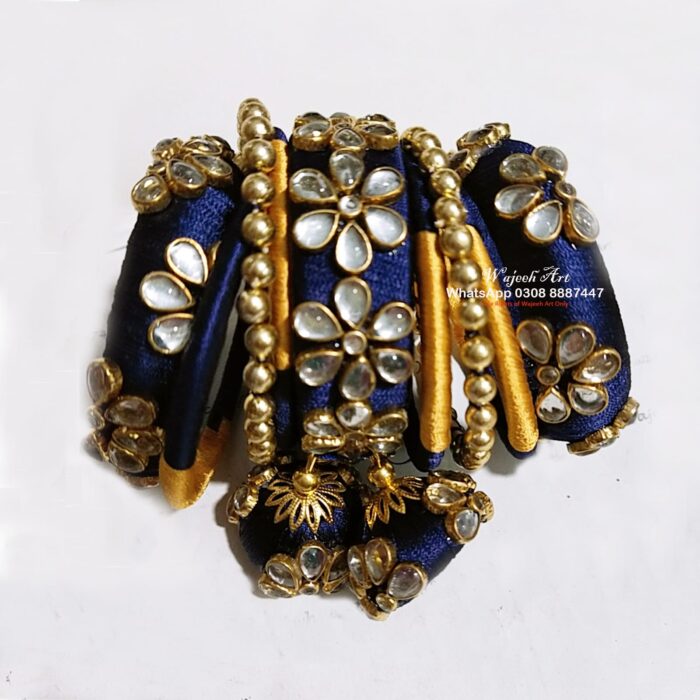 KBangle298 Navy Blue & Gold Kundan Bangle Set With Tassels