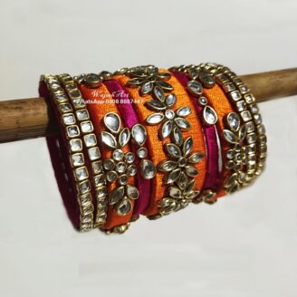 KBangle311 Pink & Orange Kundan Bangle And Kara Set