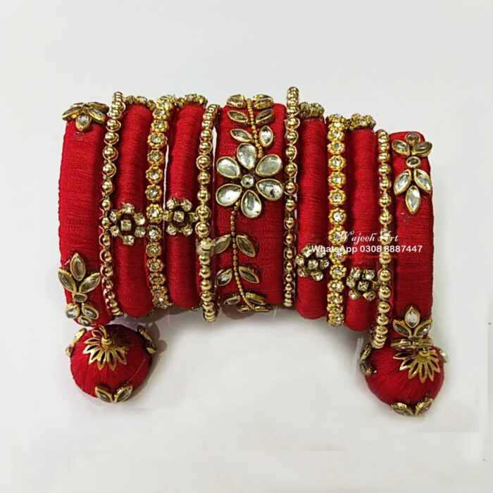 KBangle317 12 Pcs Red & Gold Kundan Bangles With Middle Kara