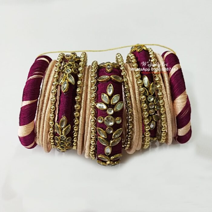 KBangle318 Maroon & Skin Kundan Bangle Set