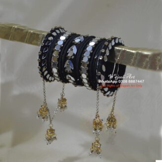 Black Kundan Bangle Set With Mirror Work or Tassels