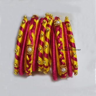 KBangle323 Yellow & Red Kundan Bangle Set With Pearls