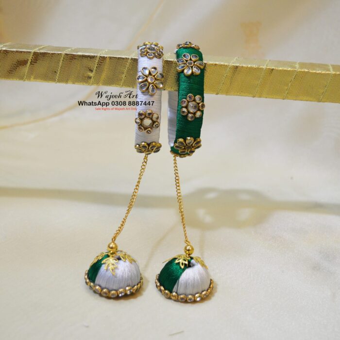 KBangle327 Pair of White & Green Kundan Bangles With Tassles