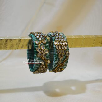 KBangle328 Double Color Silk Thread Kundan Bangle With Gold Embellishment.