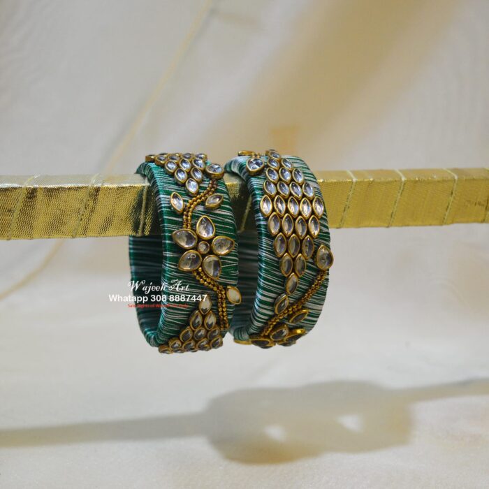 KBangle328 Double Color Silk Thread Kundan Bangle With Gold Embellishment.
