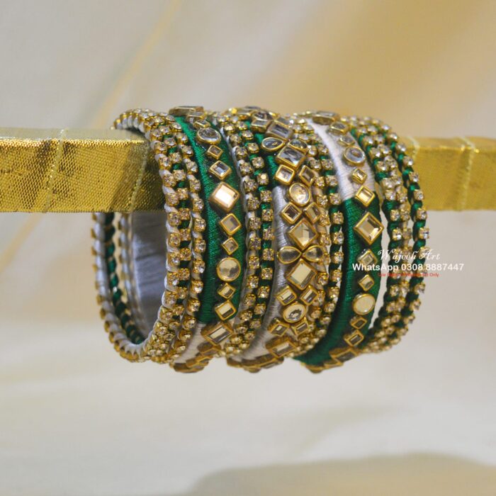 KBangle338 White & Green Kundan Bangle Set