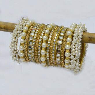 KBangle340a White & Gold Kundan Bangle Set With Pearls