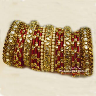 KBangle342 Gold & Red Kundan Bangle Set For Weddings