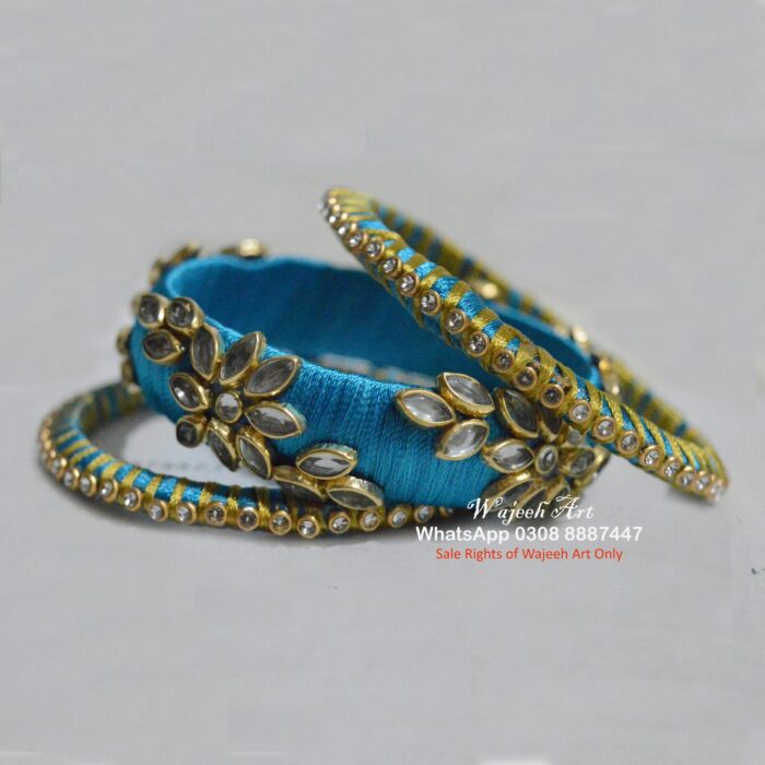 KBangle349 3 Pcs Sky Blue Kundan Bangle Set