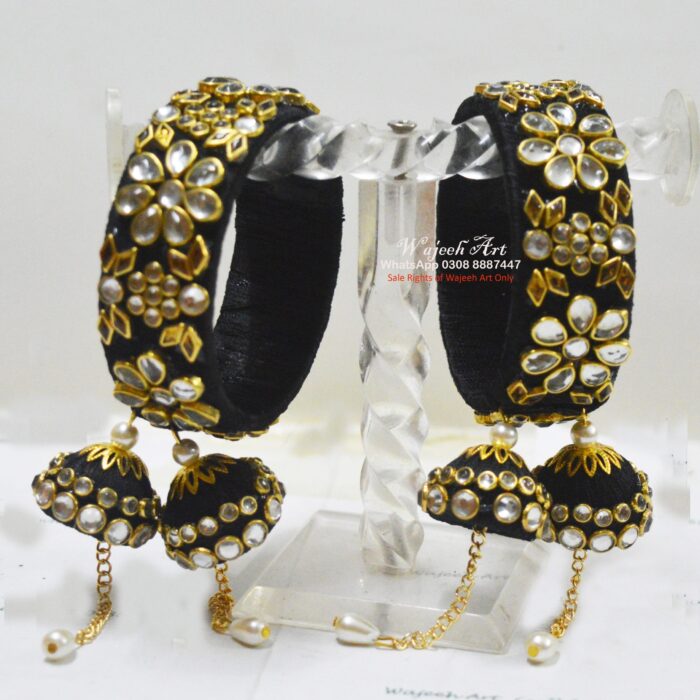 KBangle351 Lavish Black Pair of Kundan Kara With Tassels
