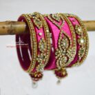 KBangle362 3 Pcs Pink Kundan Bangle With Golden Embellishment