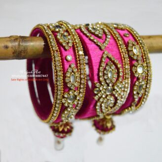 KBangle362 3 Pcs Pink Kundan Bangle With Golden Embellishment