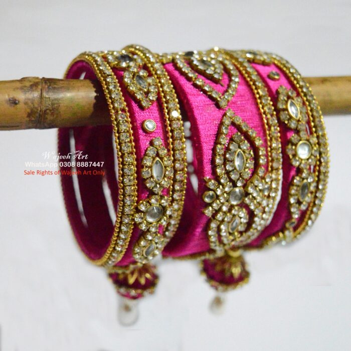 KBangle362 3 Pcs Pink Kundan Bangle With Golden Embellishment