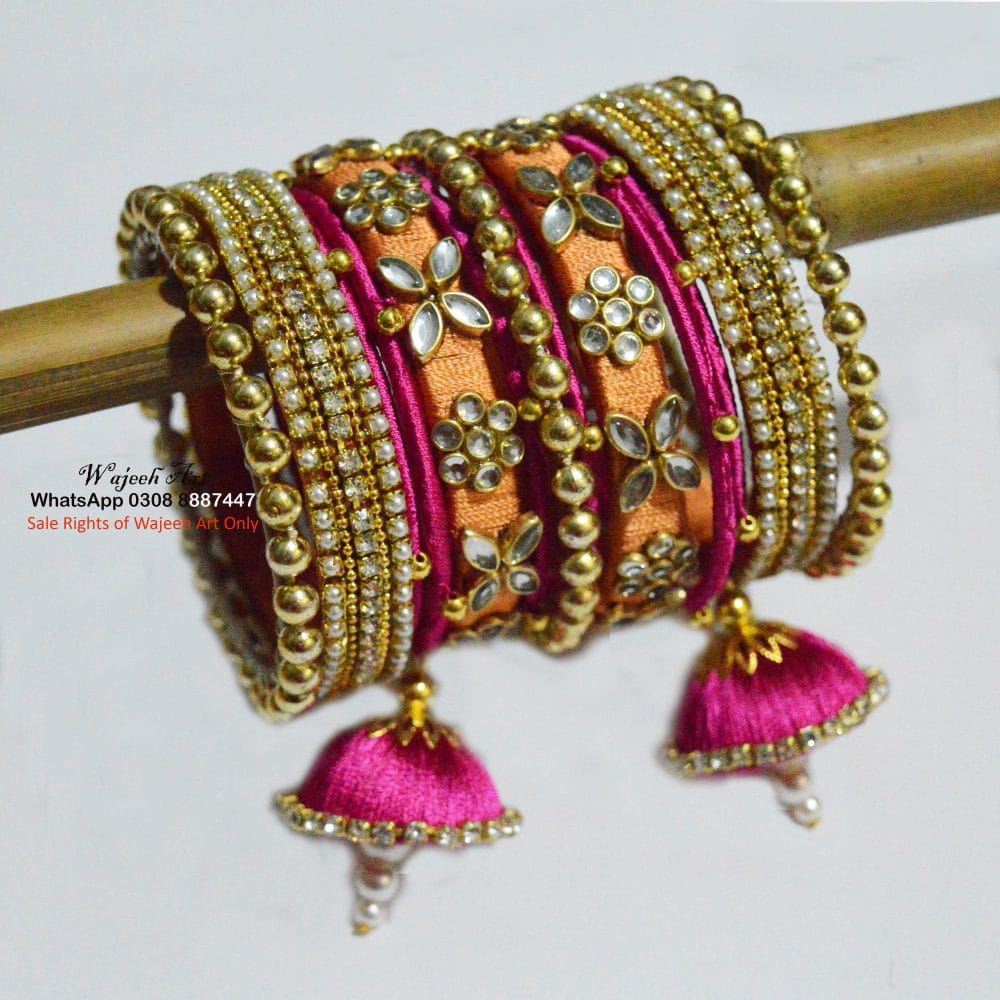 KBangle363 Peach & Pink Kundan Bangle Set With Embellishment