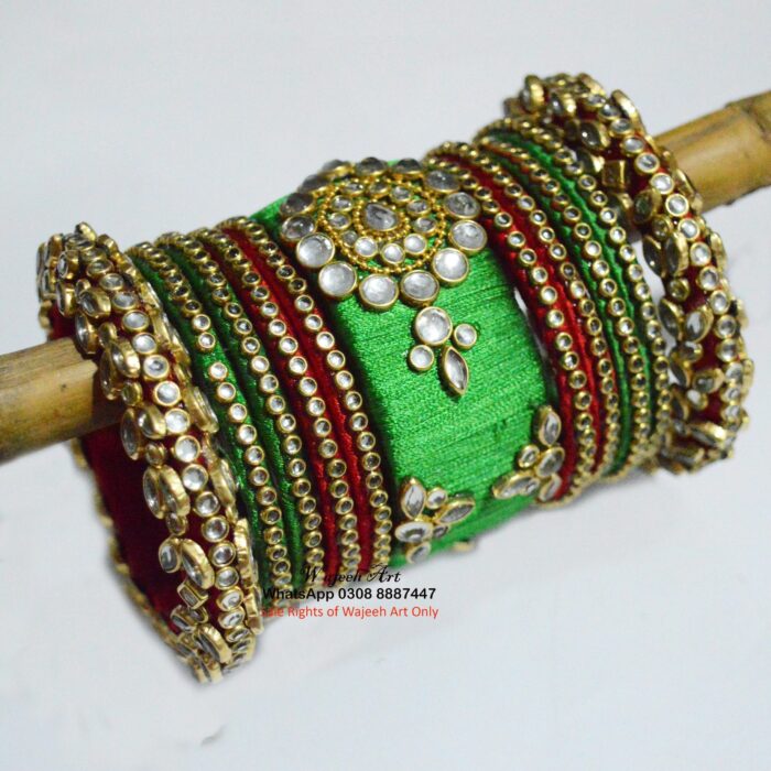 8 pcs of Green & Maroon Kundan Bangles With Karas