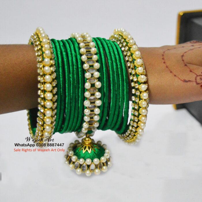 KBangle368a 12 Pcs Green Kundan Bangles With Karas