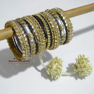 KBangle369a All Silver Kundan Bangle Set With Tassles