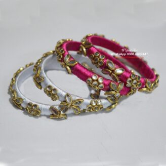 KBangle374 4 Pcs of White & Pink Kundan Bangles