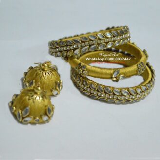 KBangle377 3 pcs of Metallic Gold Kundan Bangle Set With Tassles