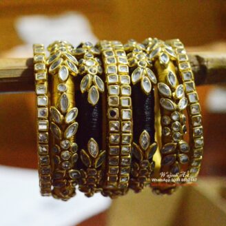 KBangle384 Black & Metallic Gold Kundan Bangle Set