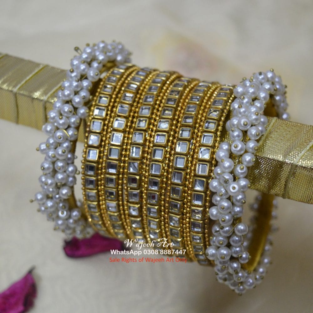 KBangle386 6 Pcs Gold Kundan Bangle Set With Pearl Karas