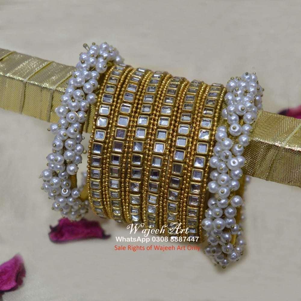 KBangle386 6 Pcs Gold Kundan Bangle Set With Pearl Karas - Image 2