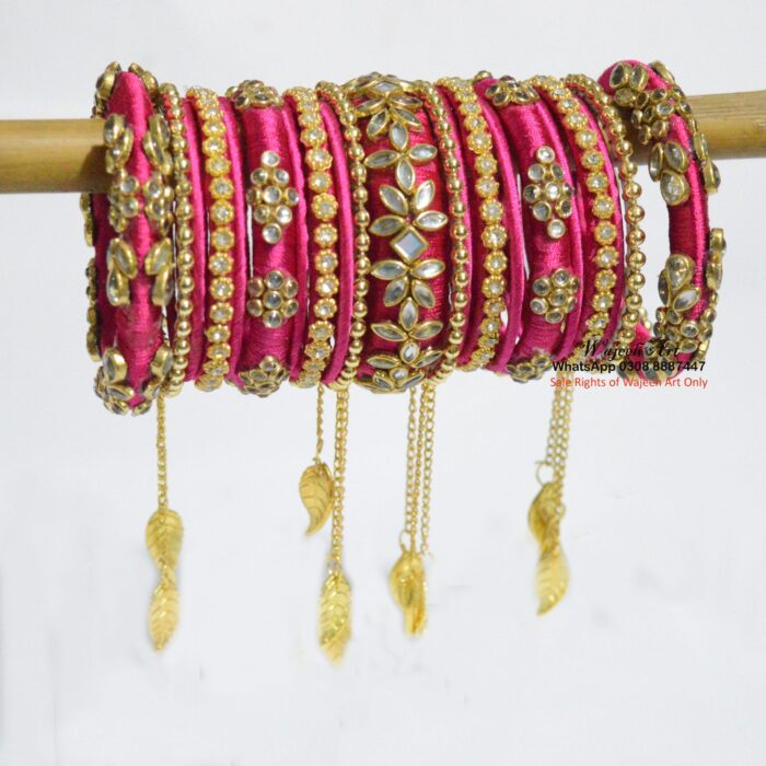 KBangle387 Red & Pink Kundan Bangle Set With Tassels